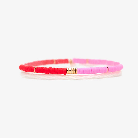 Pink and Red Vinyl Disc Bead Stretch Bracelet Set